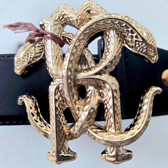 New Roberto Cavalli Gold RC Monogram Belt Men's Black Italian Leather Size 34